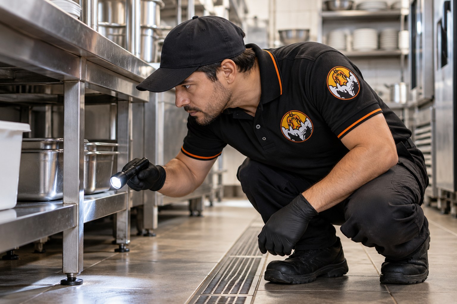Imagen ilustrativa de un técnico con logo NoBichos inspeccionando una cocina comercial.