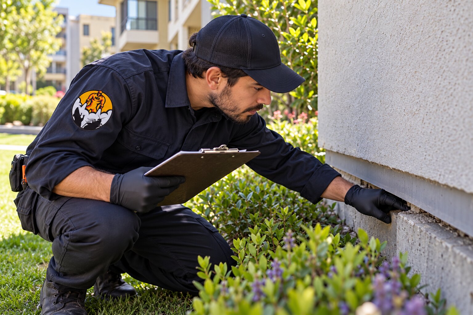Imagen ilustrativa de un técnico con uniforme NoBichos inspeccionando posibles vías de ingreso de plagas.
