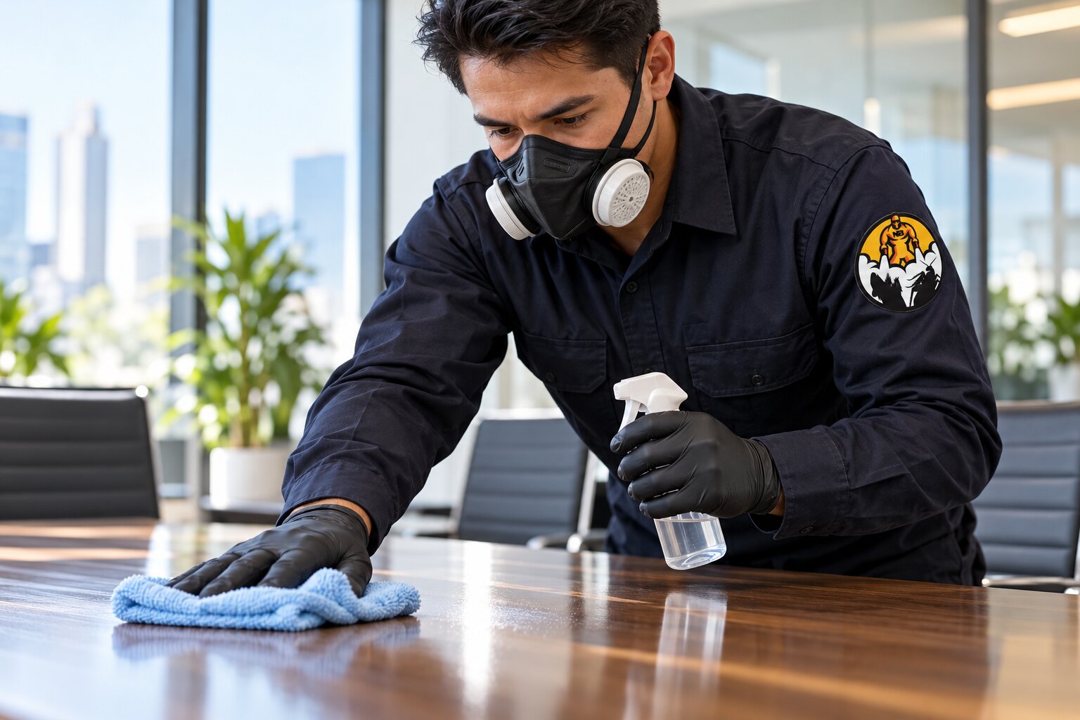 Imagen ilustrativa del servicio de sanitización con uniforme y logo NoBichos.